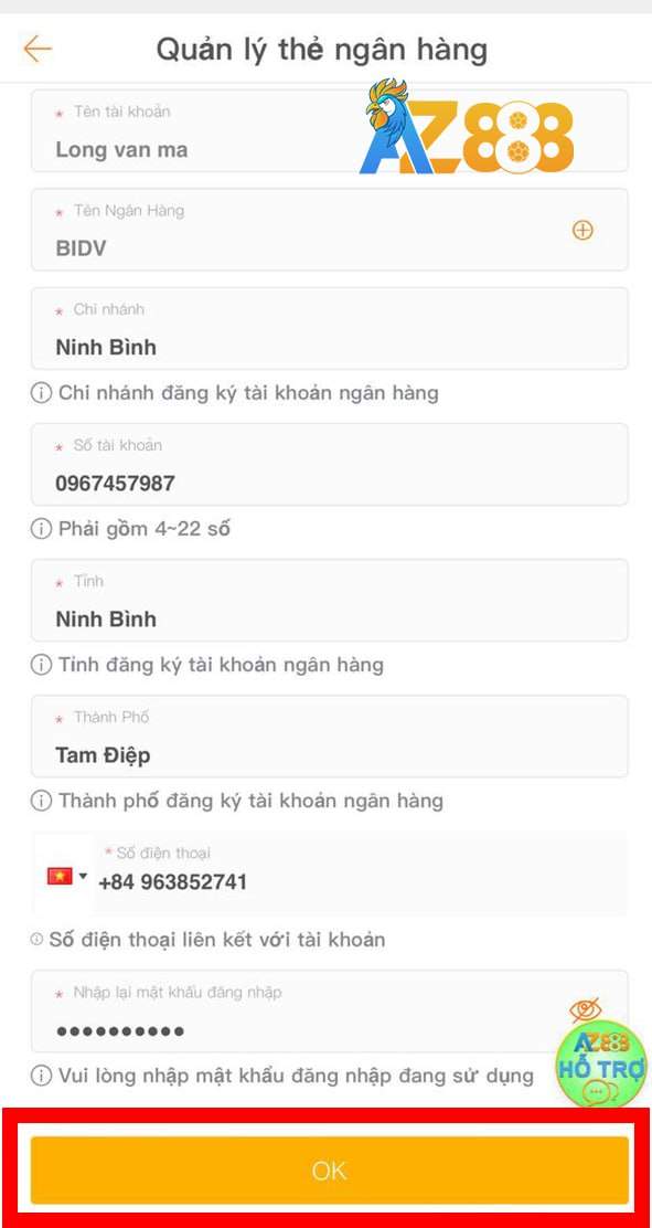 Điền thông tin ngân hàng theo biểu mẫu